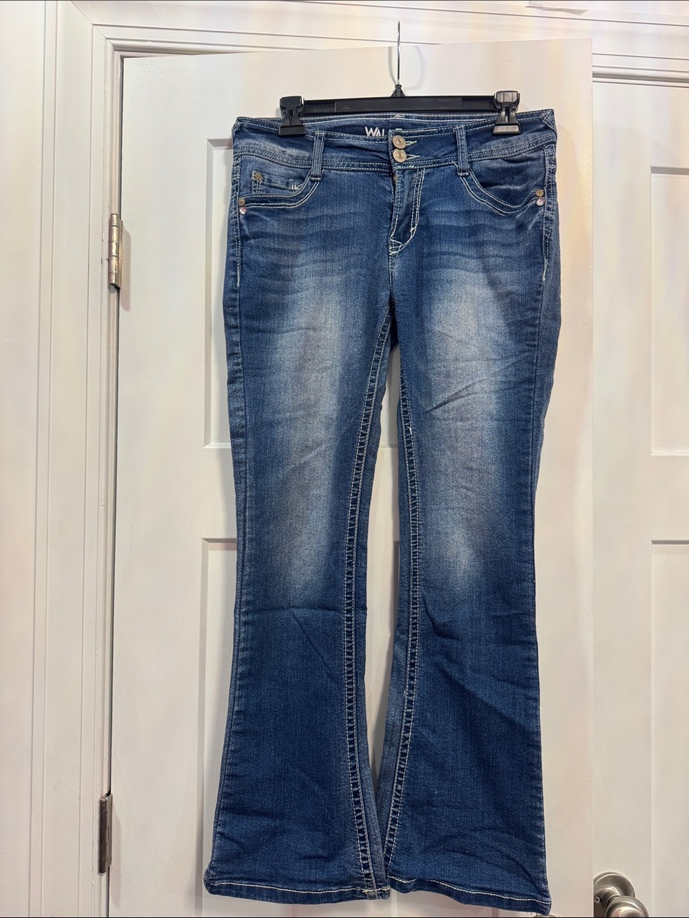 Wallflower junior Blue Flared Jeans with Whiskered Fade